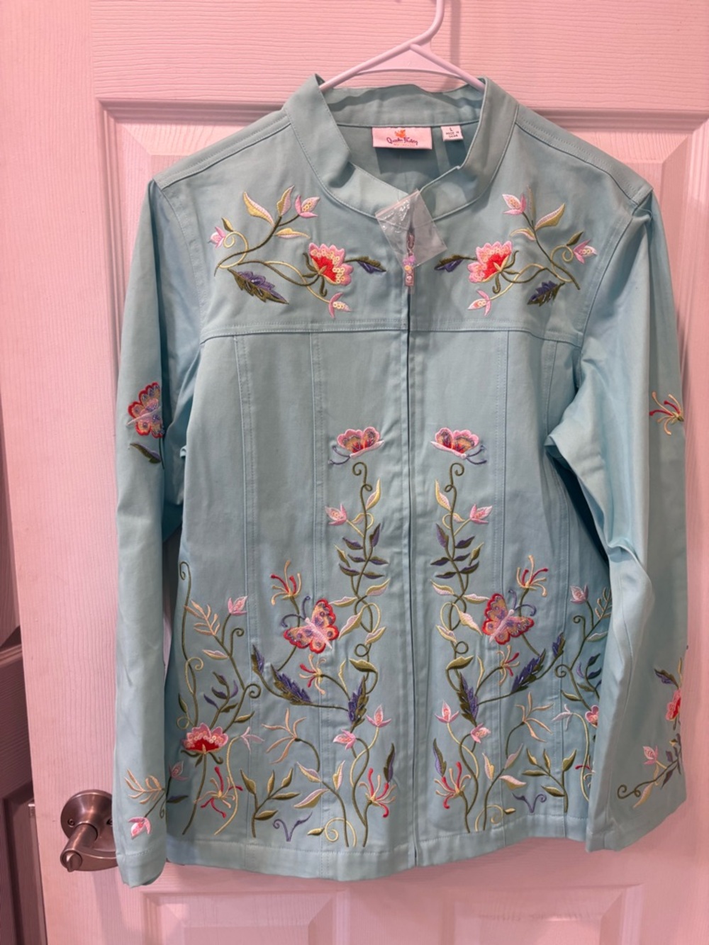 Quacker Factory Light Teal Embroidered Floral Jacket
